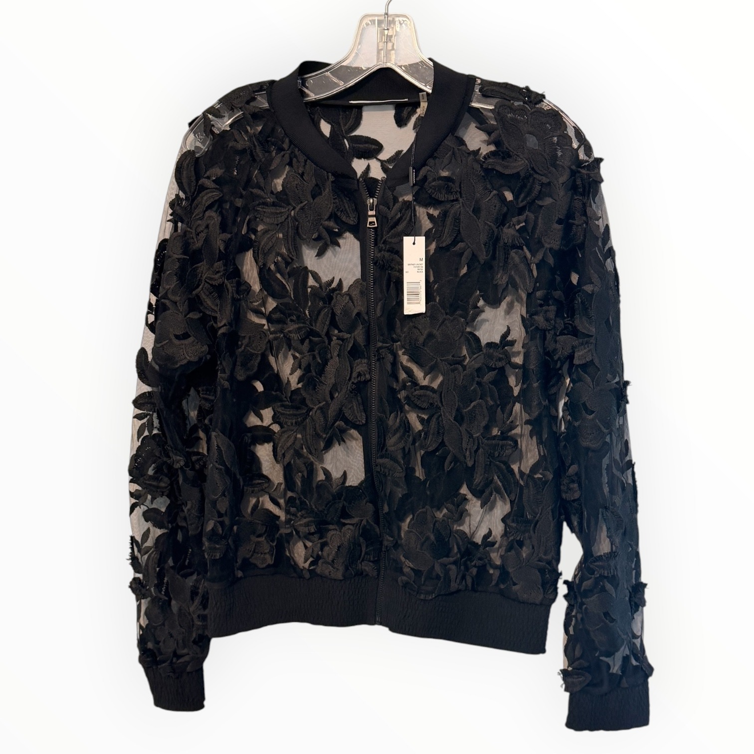 Nwt T Tahari Britney Jacket M Black Sheer Mesh 3d Floral Appliqu Bomber Zip — image 2 of 8